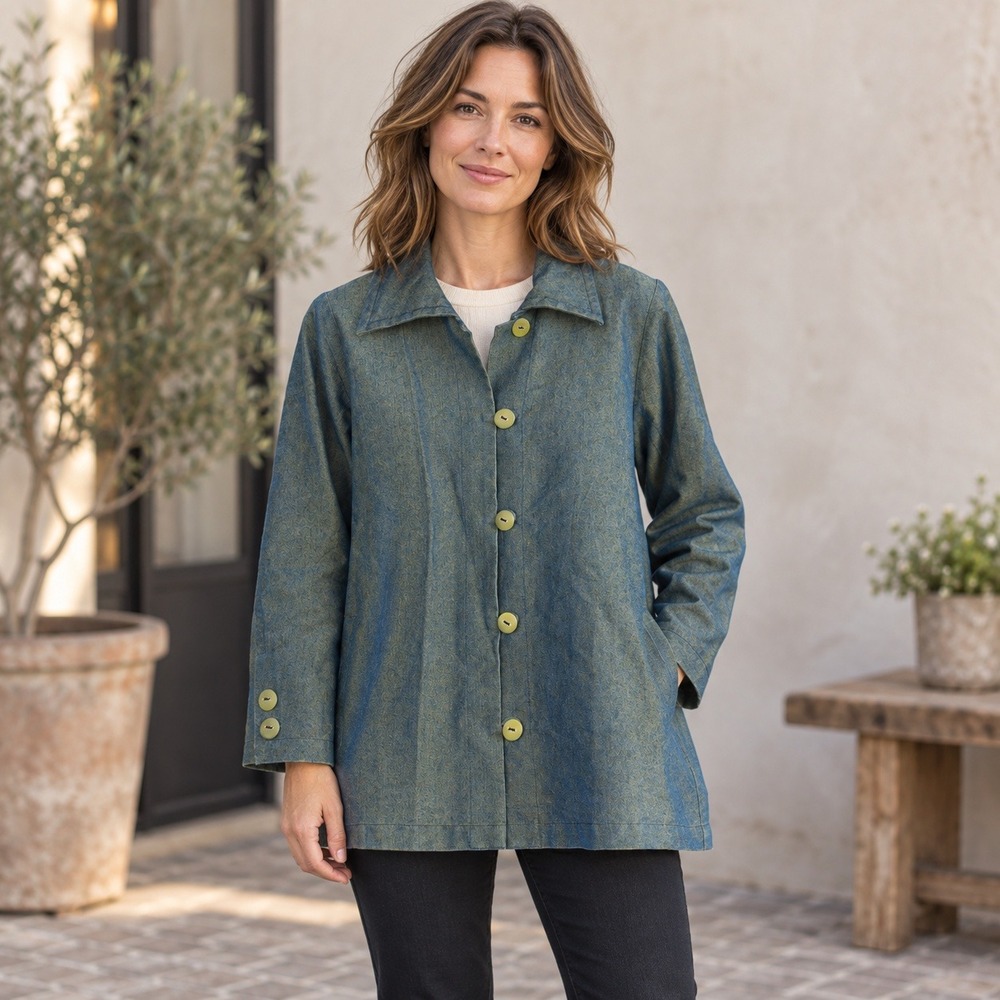 Vintage Blue Gold Sheen Denim Style Button Front Jacket Women Large Cuffs